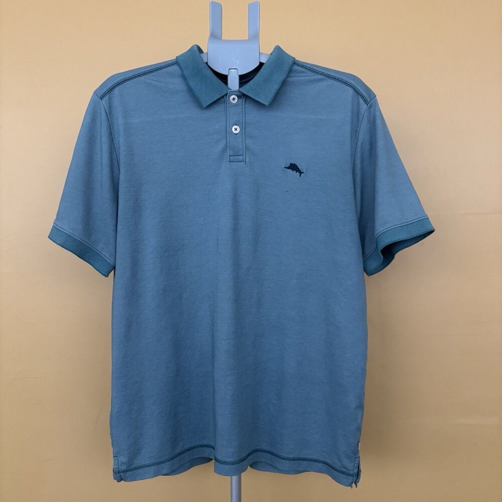 Tommy Bahamas Men's Large Golf Solid blue Polo Shirt - Teal with Contrast Collar